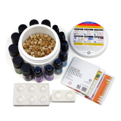 Custom reagent test kit contains 2 to 5 reagents (100 tests each), spatula, reaction plate, instructions and reaction color chart
