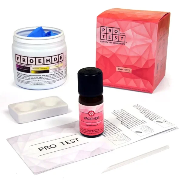 Froehde reagent test kit includes the reagent, a spatula, a reaction plate, instructions and reaction color chart