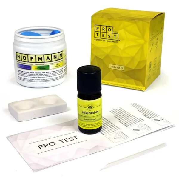 Hofmann reagent test kit includes the reagent, a spatula, a reaction plate, instructions and reaction color chart