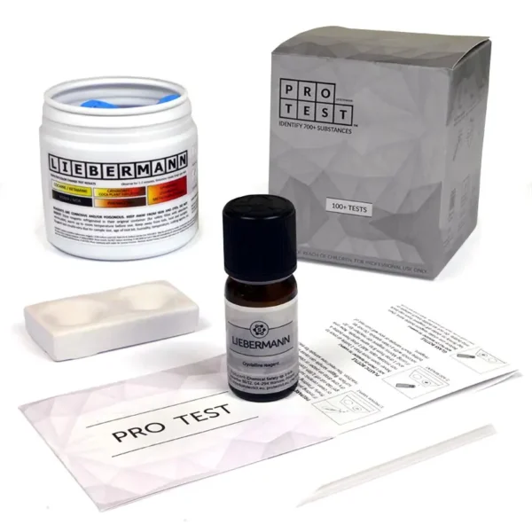 Liebermann reagent test kit includes the reagent, a spatula, a reaction plate, instructions and reaction color chart