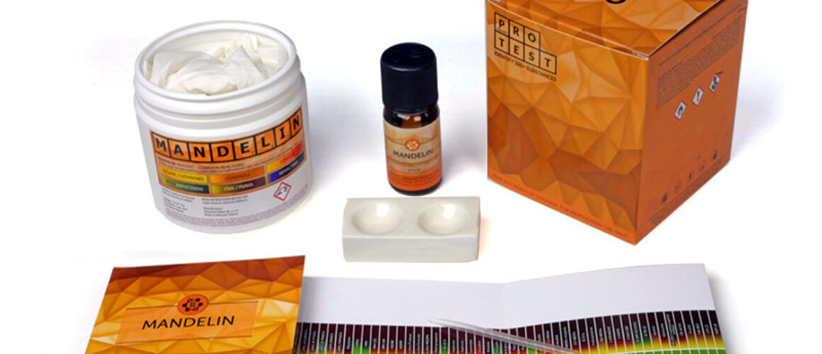 Mandelin reagent test kit includes the reagent, a spatula, a reaction plate, instructions and reaction color chart