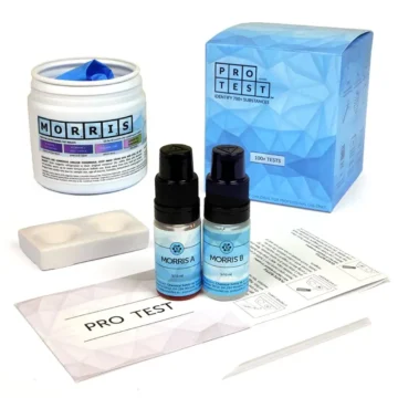 Morris reagent test kit includes the reagent, a spatula, a reaction plate, instructions and reaction color chart