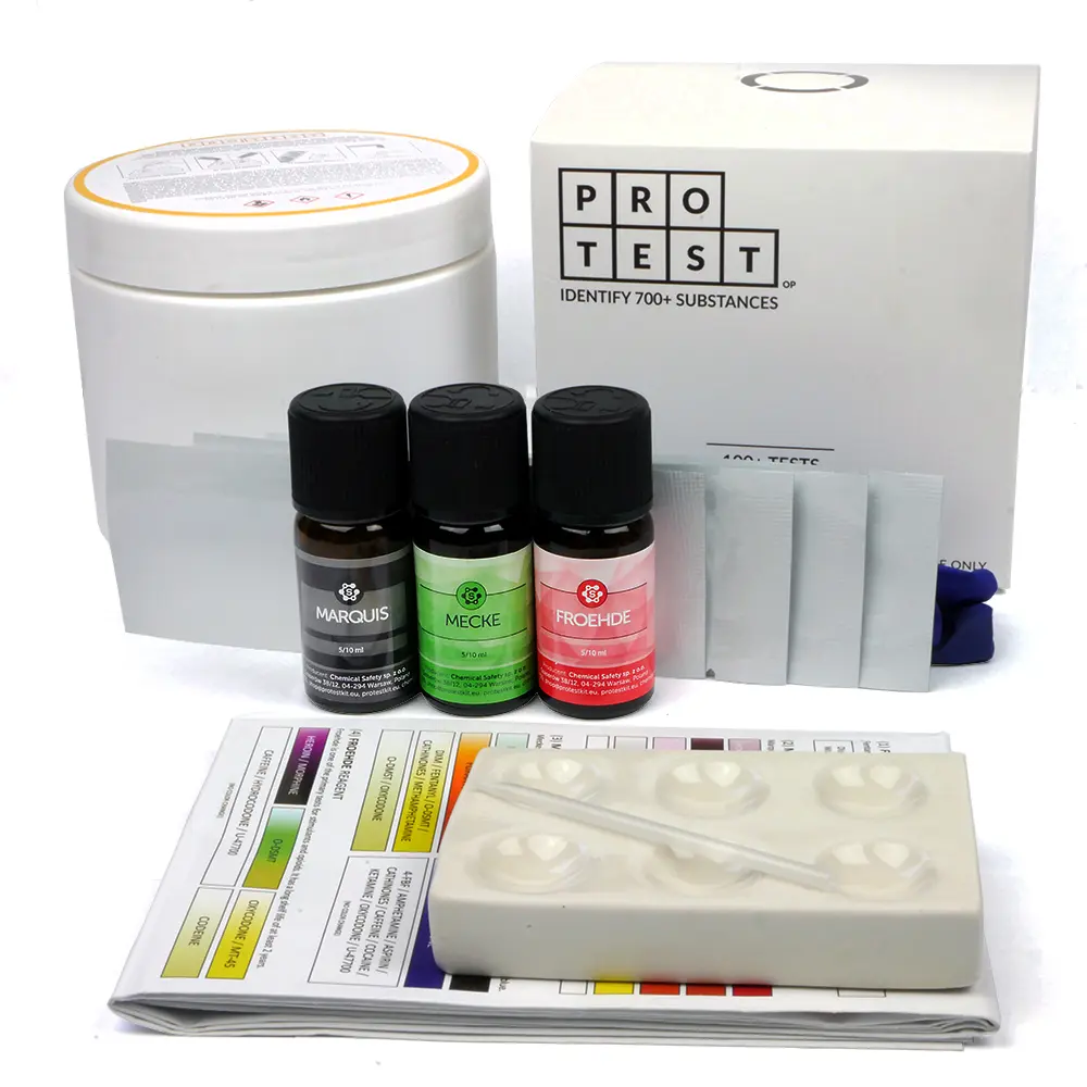 Opioids test kit with reagent Marquis, Mecke, Froehde, fentanyl test strips
