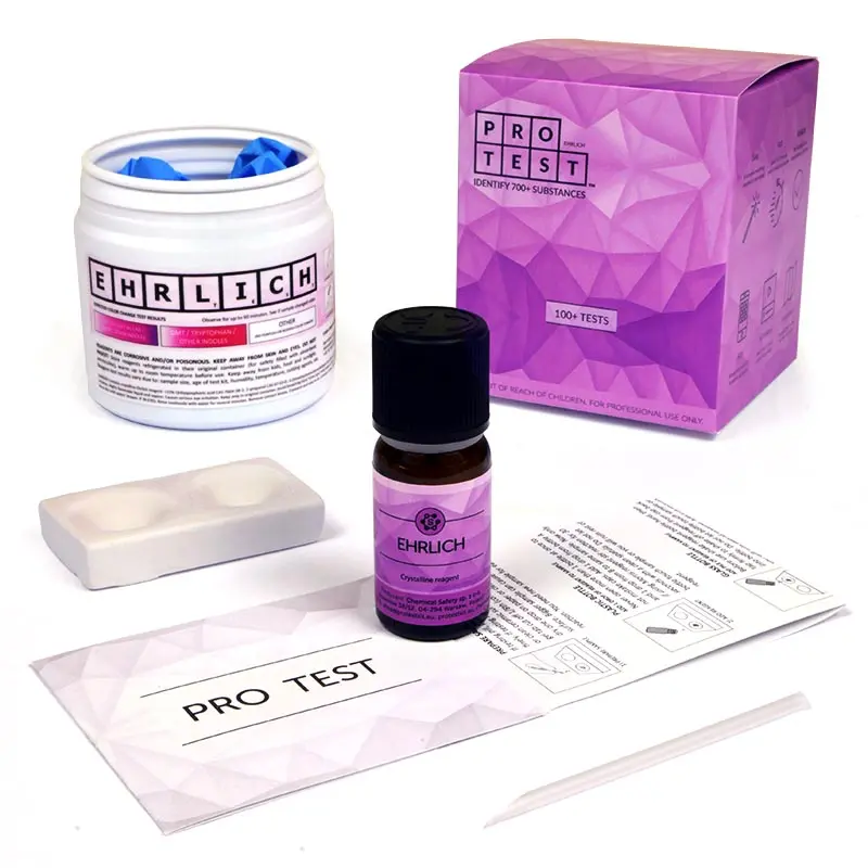 Ehrlich reagent test kit includes the reagent, a spatula, a reaction plate, instructions and reaction color chart