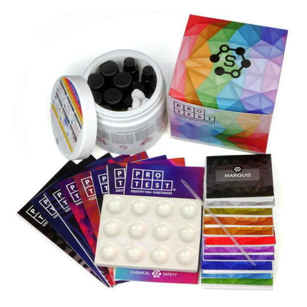 Full reagent test kit with 12 reagents, a spatula, a reaction plate, instructions and reaction color chart