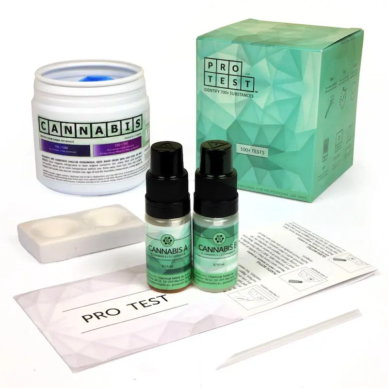 Cannabis reagent with ceramic spotting plate, gloves, instructions and jar