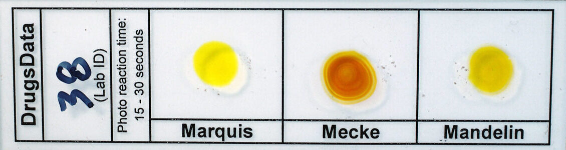 Eutylone reagent testing results with a small sample (2-3mg or less).