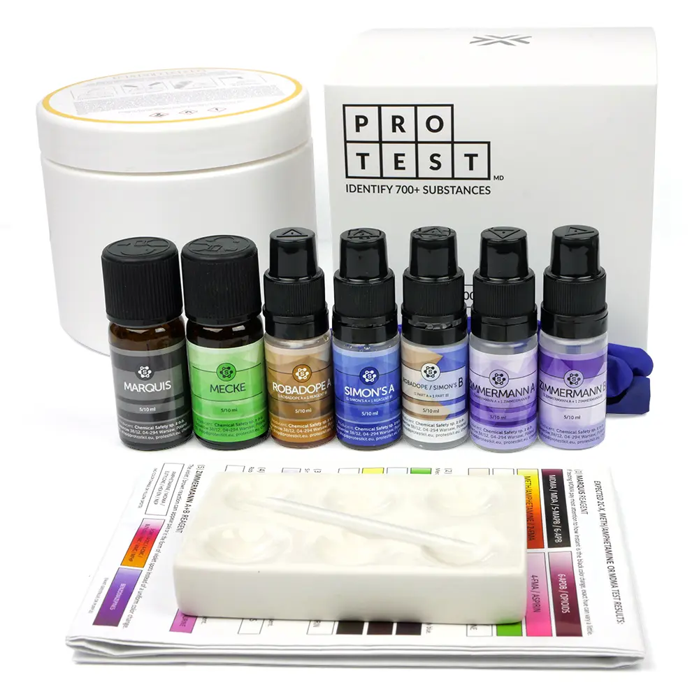 MDMA test kit with Marquis reagent, Mecke, Robadope, Simon's and Zimmermann